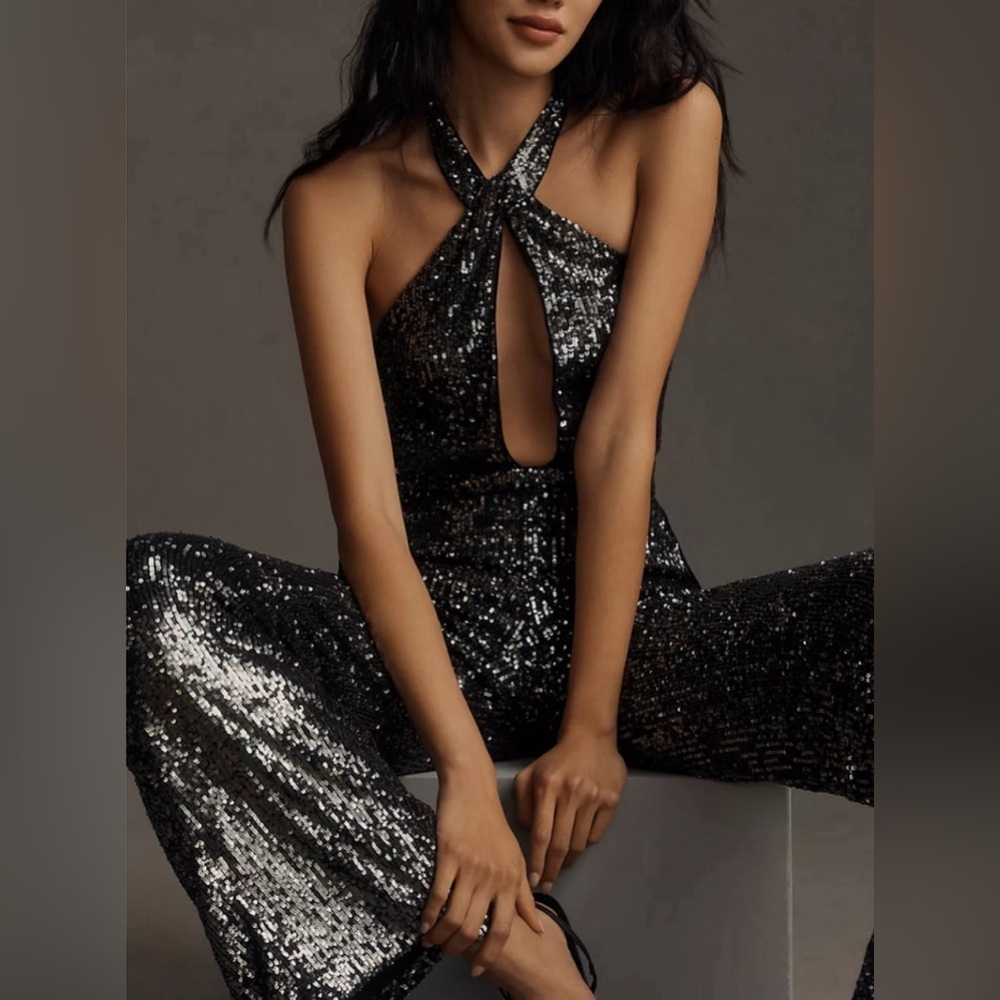 Worn once! Anthropologie Maeve, Sequin Halter Jumpsuit, Size 4 In Carbon